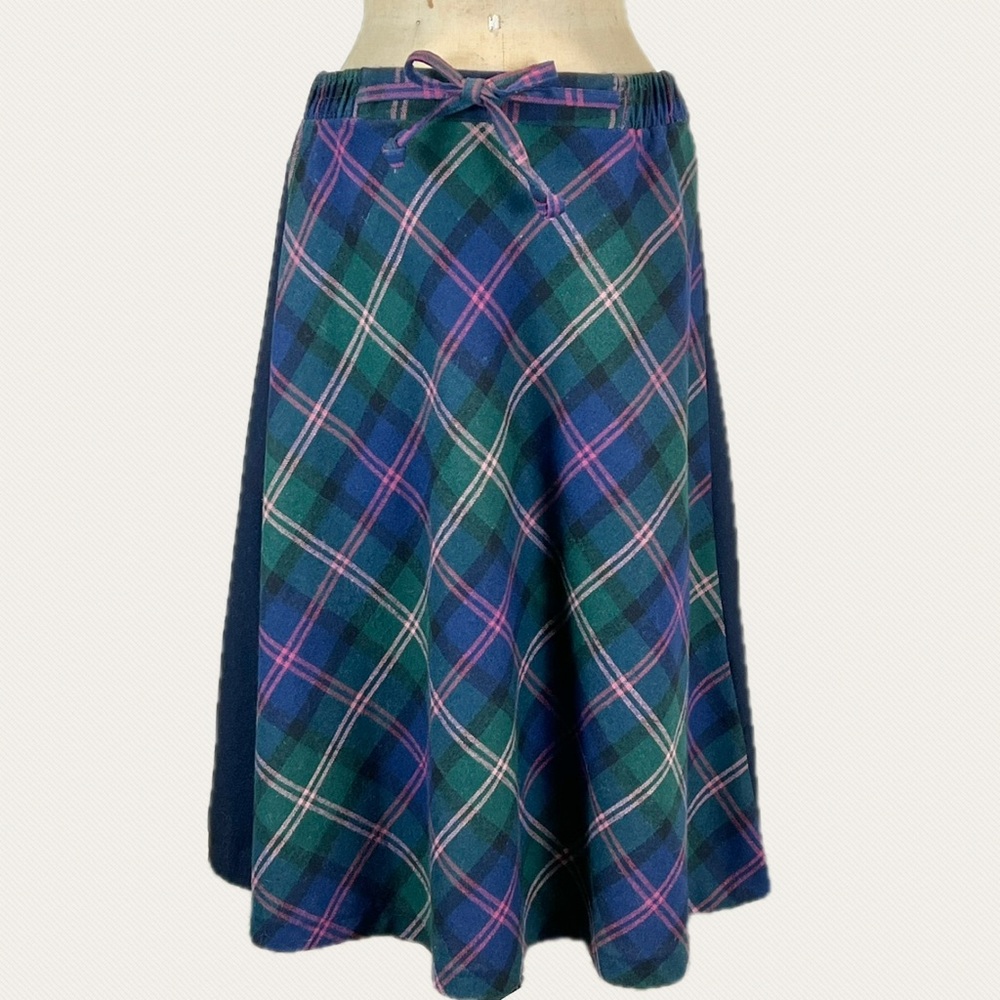 VINTAGE tartan plaid wool skirt midi drawstring elastic waist dark academia 80s
